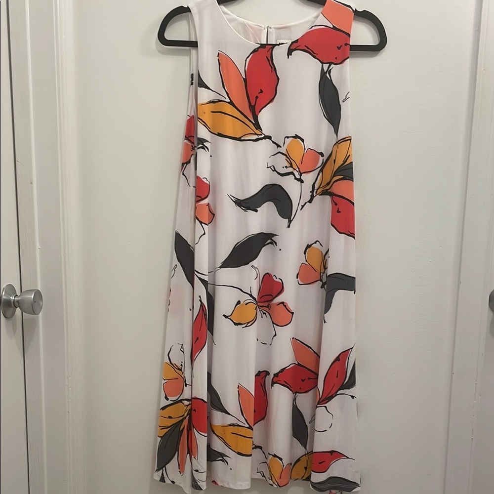 Anne Klein White Midi Dress with Red and Orange Floral Design
